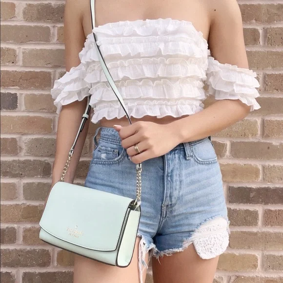 Kate Spade Staci Flap Crossbody Crystal Blue Saffiano Leather - Picture 2 of 3